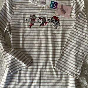 Carolyn Taylor Cream and Tan Striped Long-Sleeve Tee with Puppy Embroideries
